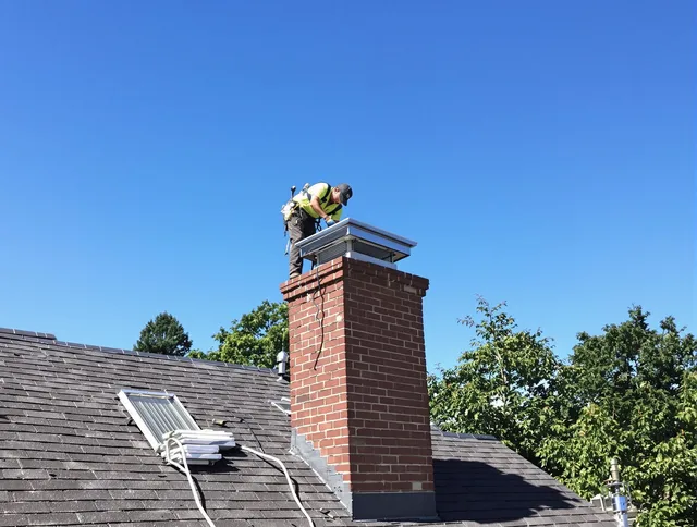 Danbury Chimney Sweep technician measuring a chimney cap in Danbury, CT